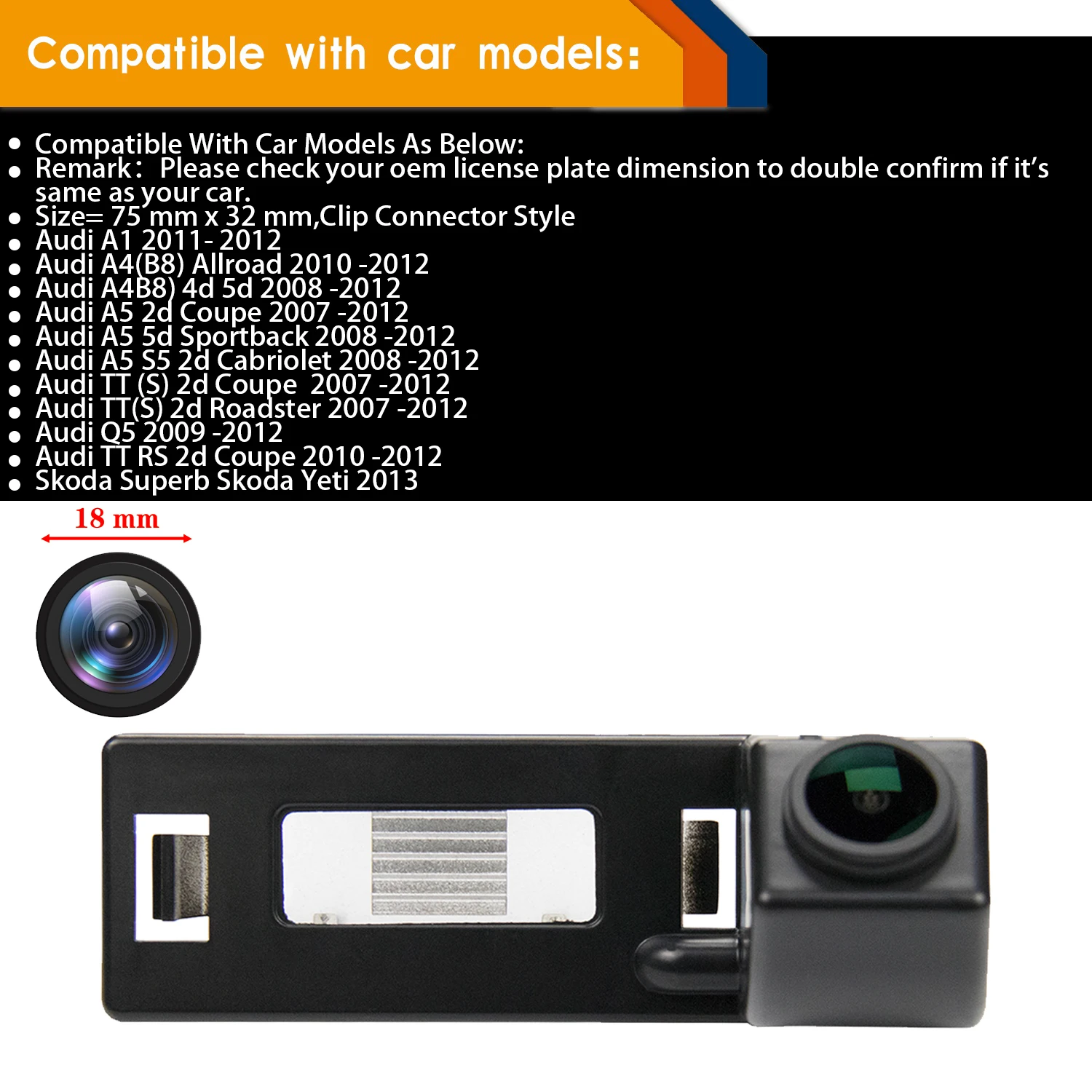 HD 1280*720P Rear View Camera for Audi A1 A4 B8 A5 5D S5 TT Roadster Q5 RS Coupe Cabriolet, Reversing Backup Parking Camera
