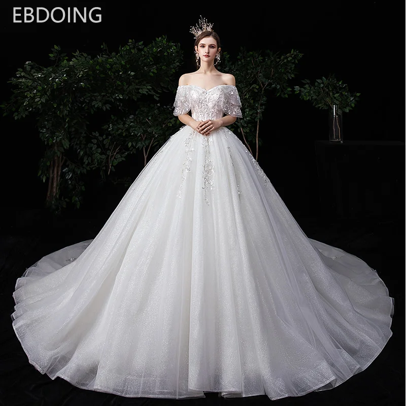 Luxurious Ball Gown Wedding Dress Lace Sequin Vestidos De Novia Off the shoulder Newest long  Plus Size Wedding Gown Bride Dress