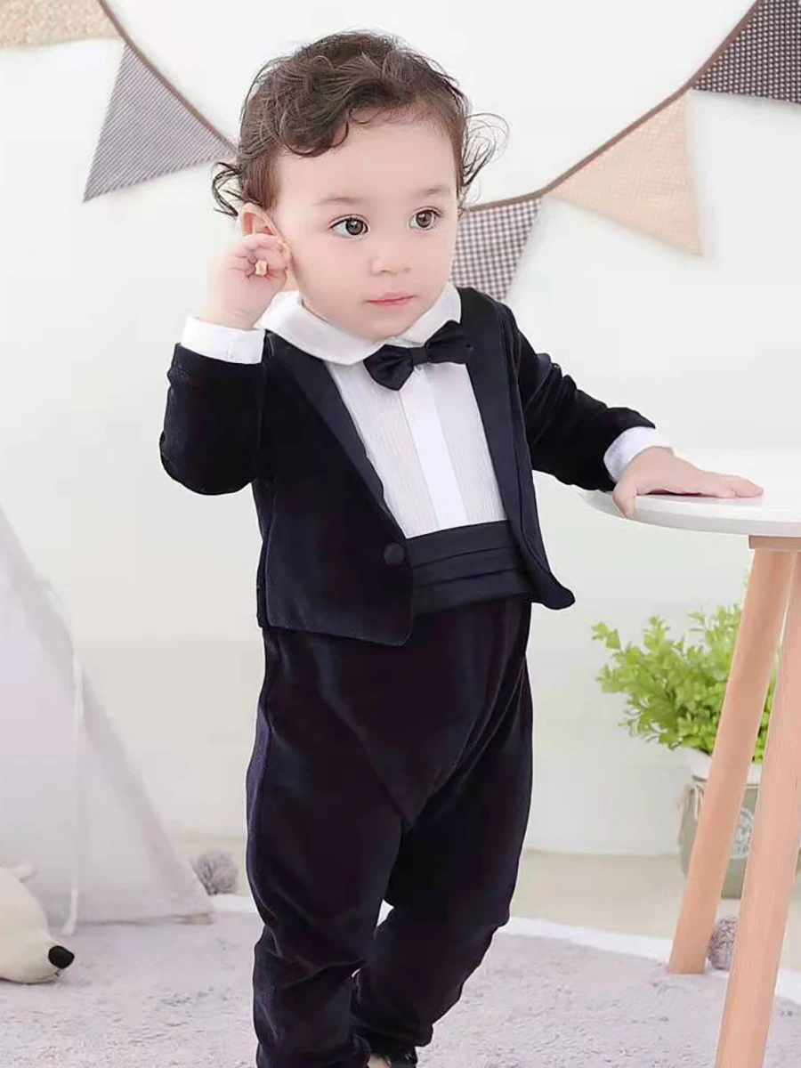 Autumn Winter Children Boutique Clothing Baby Boy Rompers Long Sleeve Velvet Jumpsuit Gentle Boy Birthday Prince Suit Handsome