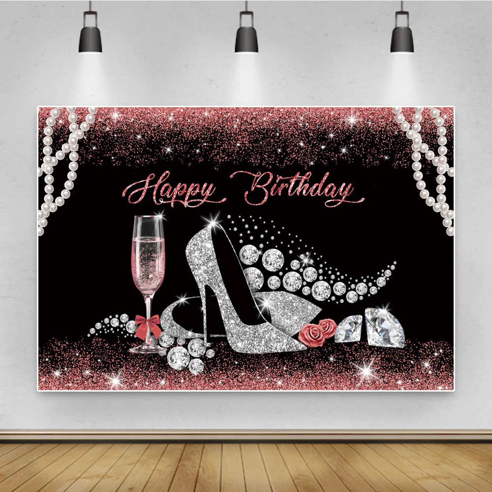 Photo Background Happy Fabulous Women's Birthday Party Golden High Heels Dots Feather Poster Photographic Backdrop Photo Studio