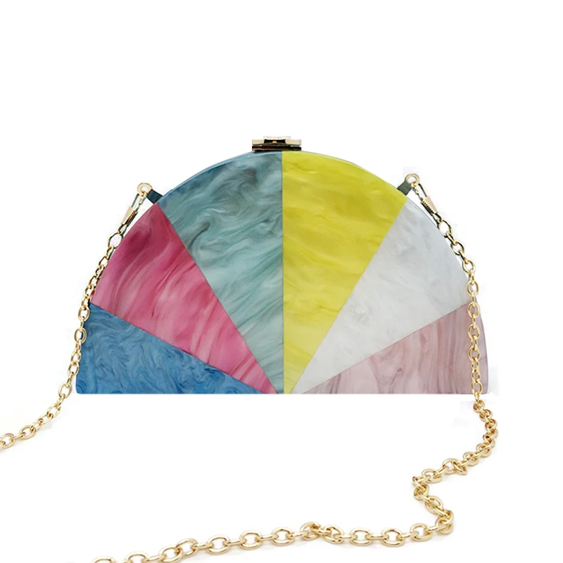 Stylish Acrylic Evening Bag Semicircular Geometric Women Handbag Luxury Shoulder Crossbody Bags Muticolor Patchwork Chain Wallet