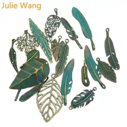 Julie Wang Random 14pcs Antique Bronze Feather Metal Alloy Pendant Charms Necklace Bracelet Jewelry Findings Making Accessories