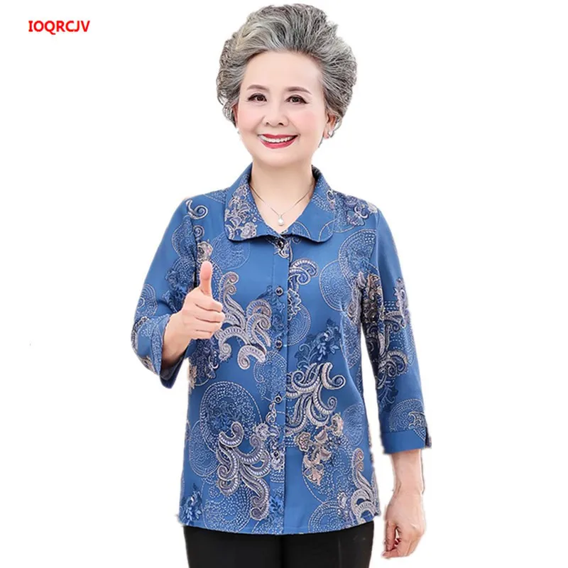 Women\'s Blouses Spring Plus Size Long Sleeve Shirts Middle-aged Old Mother\'s Casual Print Shirt Loose Grandma Tops 4XL W1958