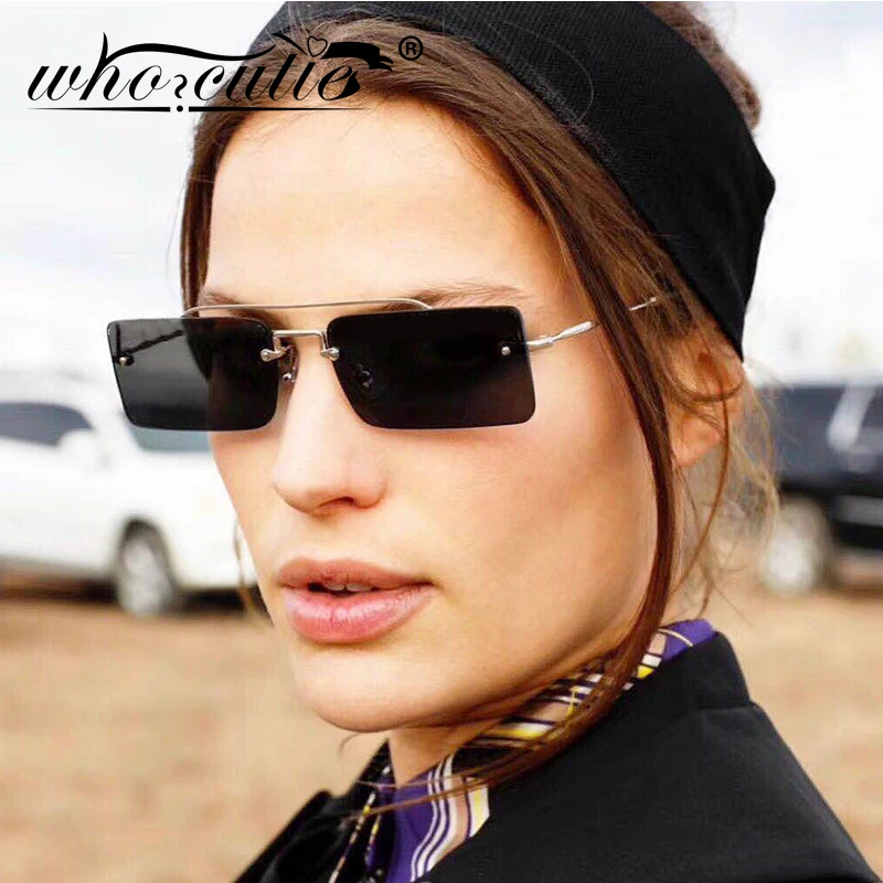 

Vintage Rectangular Sunglasses Women 2019 Brand Designer Narrow Rectangle Rimless Gold Frame 90s Sun Glasses Shades Female OM846