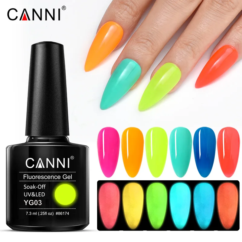 CANNI 2021 جديد وصول 7.3 مللي 6 ألوان الإسفار هلام البولندية YG01-YG06 مضيئة هلام النيون طويلة الأمد نقع قبالة UV/LED مسمار الفنون