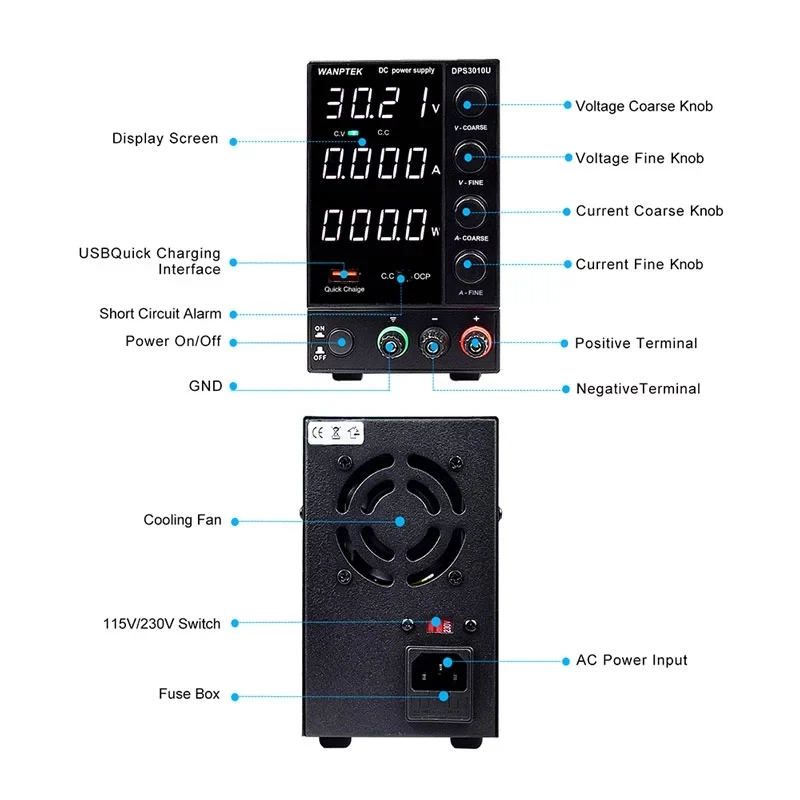 Wanptek Adjustable DC Power Supply 30V 10A USB Digital Lab Bench  Stabilized Voltage Regulator Switch Power Supply