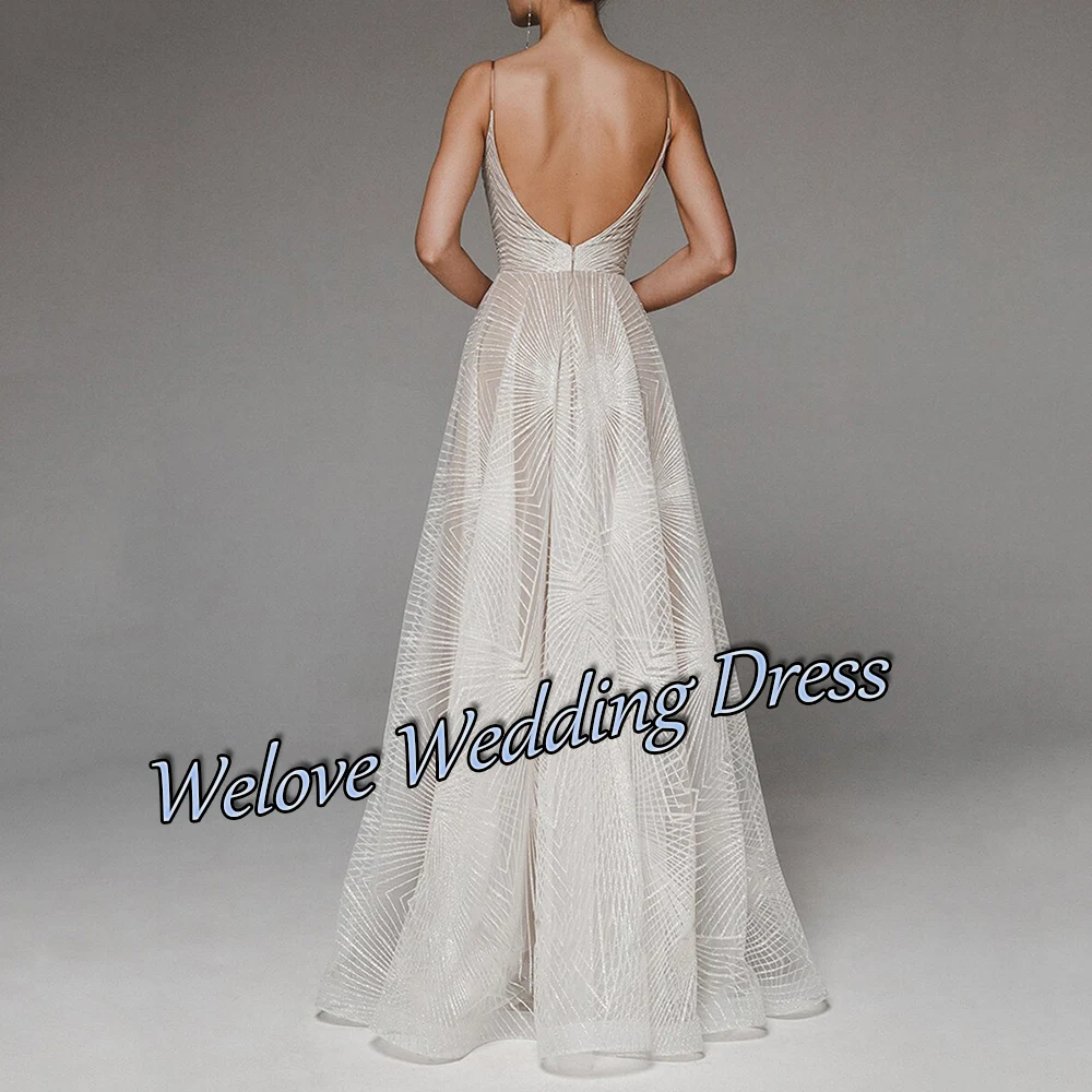 Luxus A-linie Tüll Hochzeit Kleider 2021 Bodenlangen Shinny V-ausschnitt Spaghetti-trägern Backless Custom Braut Party Kleider Vestidos