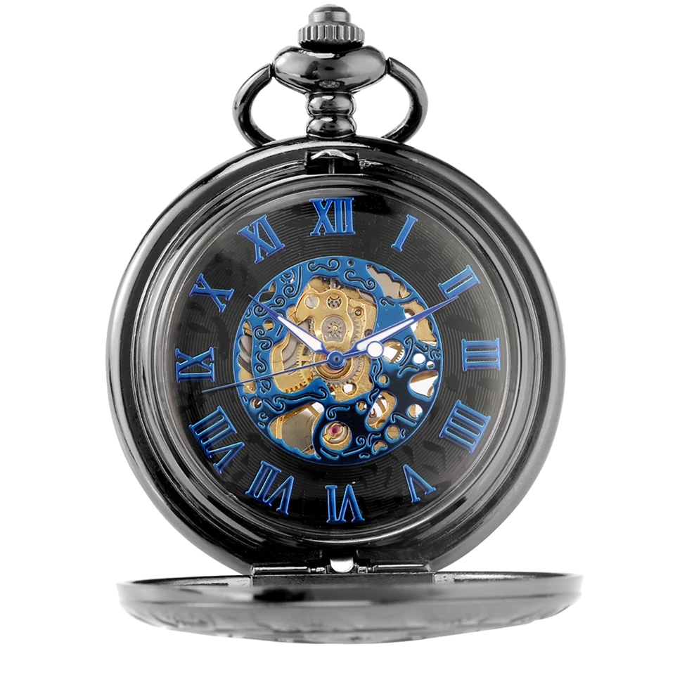 Reloj de bolsillo mecánico con diseño de rombos y flores huecas, pulsera de mano de lujo con esfera de esqueleto azul Retro