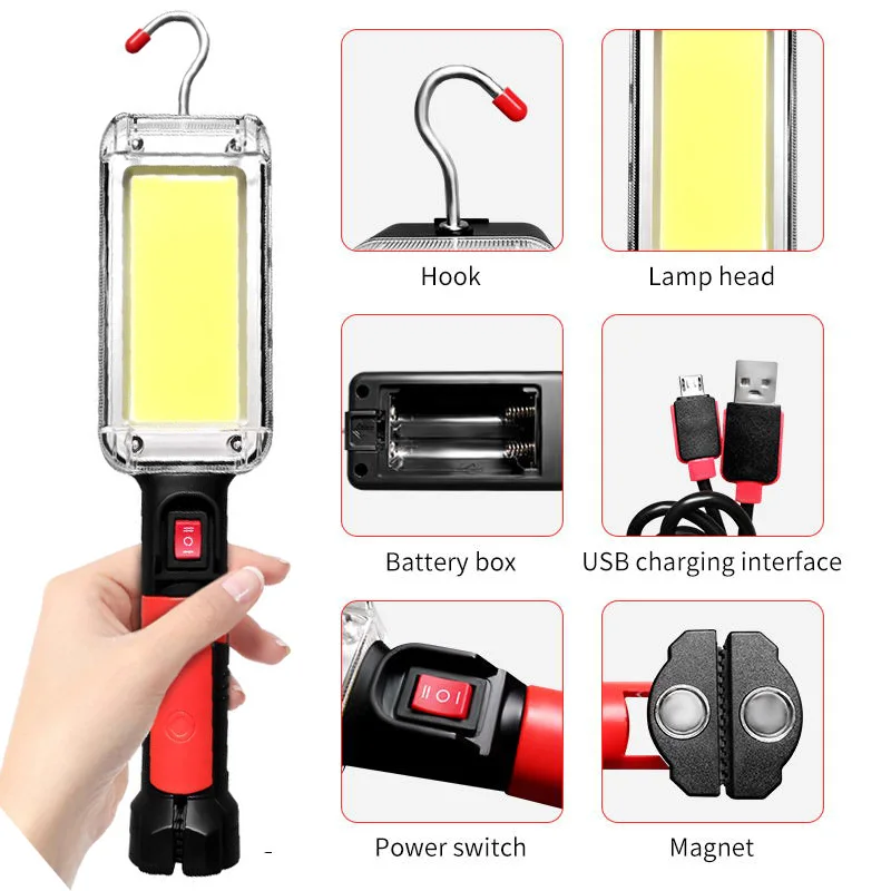 Luz LED de trabajo potente linterna portátil gancho imán lámpara de Camping COB USB recargable 5200mAh 18650 linterna antorcha impermeable