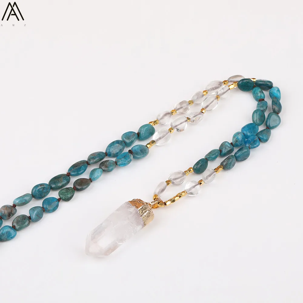 Natürliche Blau Apatit Nugget Chip Perlen Handmade Knot Halskette Frauen Weiß Quarz Punkt Perlen Yoga Halskette Lange 32 Zoll – Detail 19
