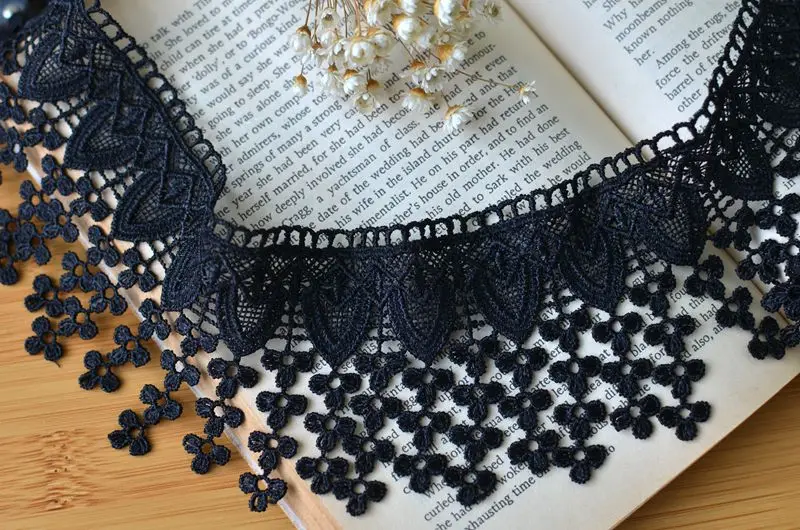 7CM Wide luxury Black Cotton Embroidered Lace Material Collar Neckline Tassel Fringe Ribbon DIY Dress Curtains Sewing Supplies