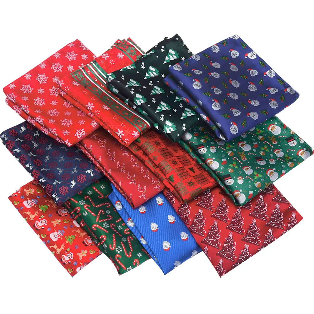 Ricnais Design Silk Christmas Handkerchief Red Bule Christmas Tree Snowmen Jucquard Pocket Square Customer Accessory Hanky