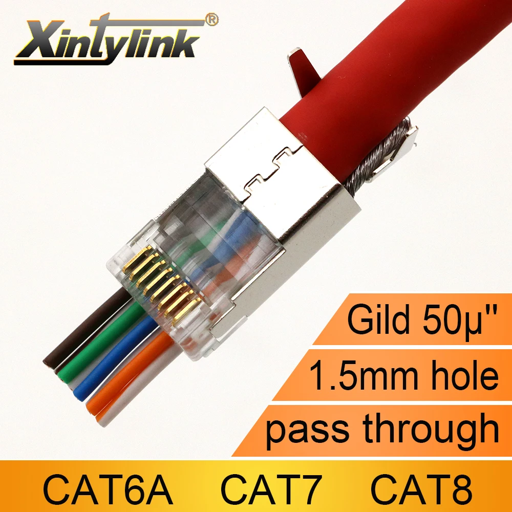 xintylink new CAT8 CAT7 CAT6A rj45 connector 50U ethernet cable plug network SFTP FTP STP shielded jack pass through 1.5mm hole