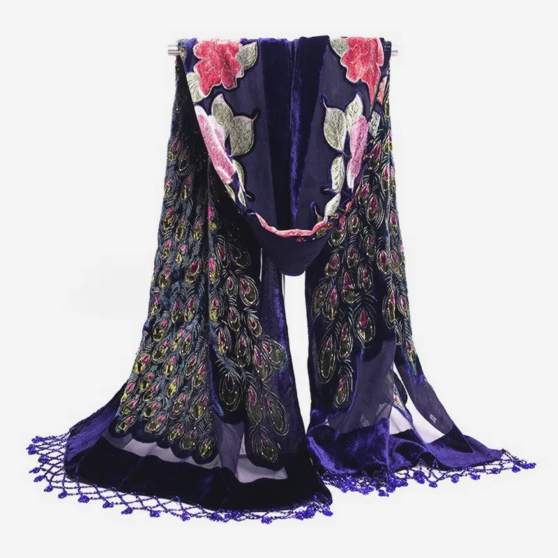 Hot Sale Black Chinese Women\'s Velvet Silk Beaded Shawl Embroidery Scarf Wrap Scarves Peafowl Free Shipping WS006-C