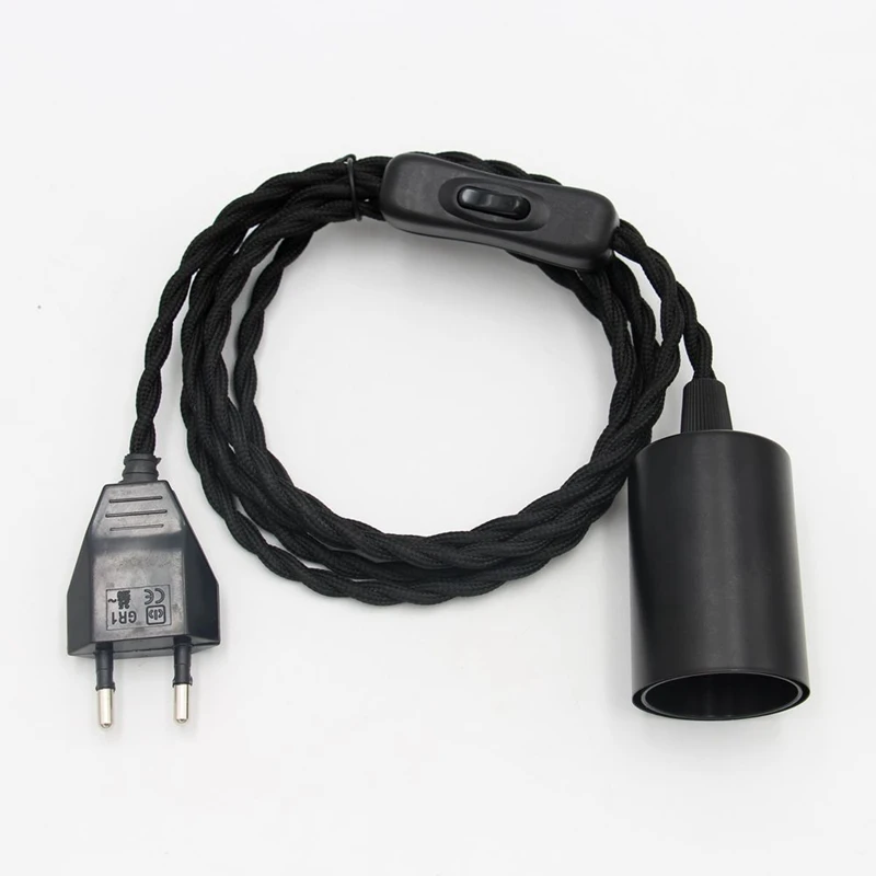 AC 220V EU Plug Power Cords Vintage Fabric Twisted Cable with Inline Switch E27 Bulb Lamp Holder Hanging Lamp