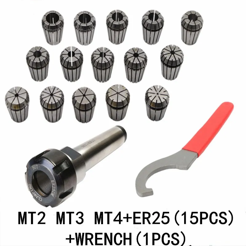 ER25 Spring Clamps 15PCS MT2 MT3 MT4 ER25 1PCS ER25 Wrench 1PCS Collet Chuck Morse Holder Cone For CNC Milling Lathe tool