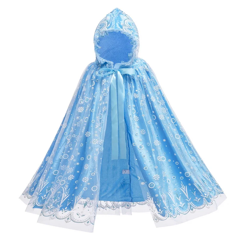 Winter Children Frozen 2 Cloak Halloween Christmas Girls Princess Blue Cartoon Hooded Shawl Cape Party Gift Dress Accessory Set