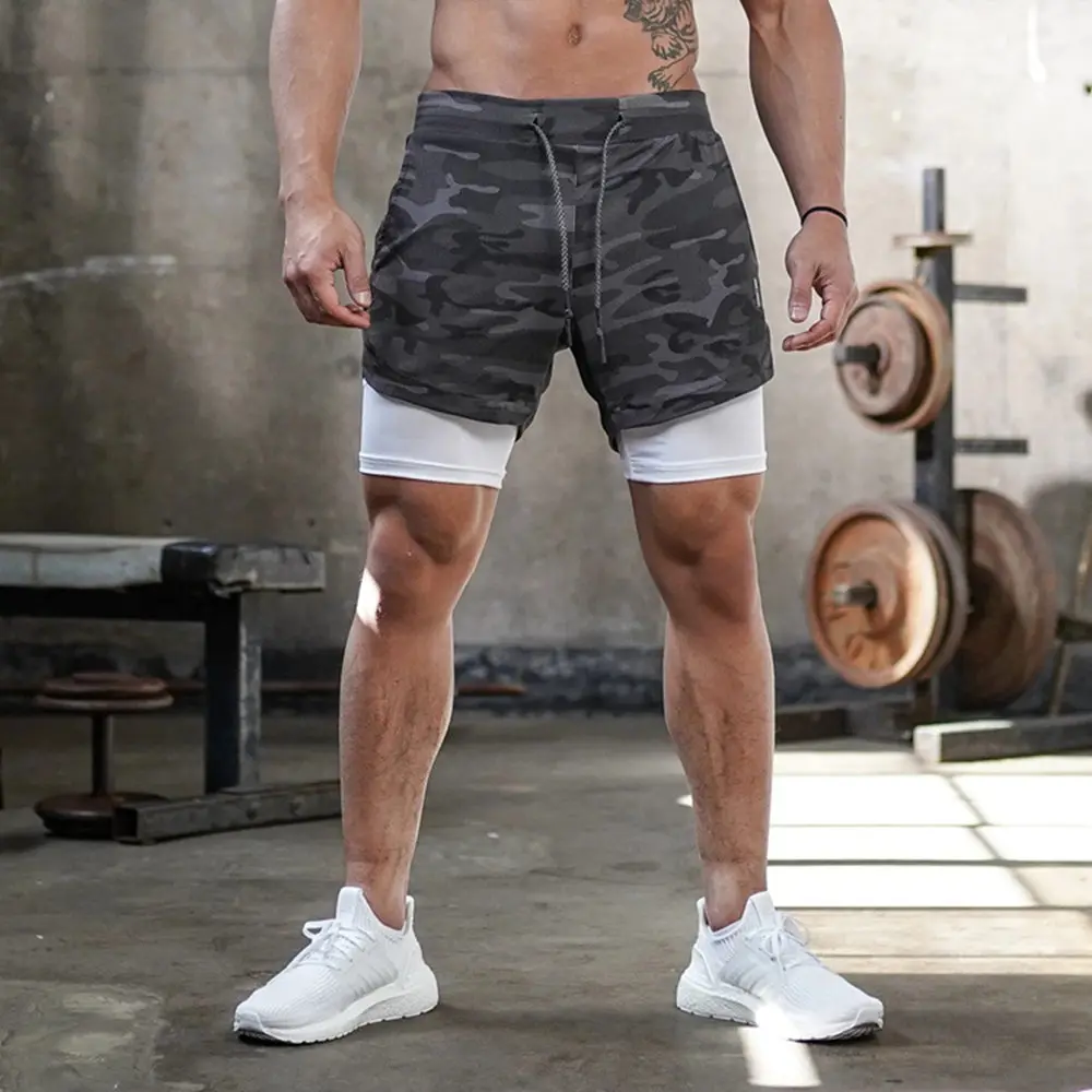 Camo 2 in 1 Running Shorts Men\'s Gym Fitness Training Quick Dry Short Pants Male Outdoor Sport Jogging Built-in pocket Bermuda