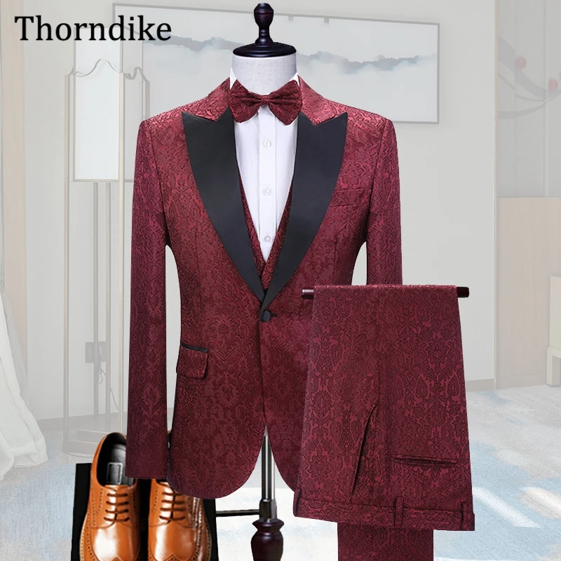 Thorndike Mens Red Wedding Suit, Custom Made Shawl Lapel Tuxedos For Groom, Custome Homme Marriage, Suit Jacket Waistcoat Pants