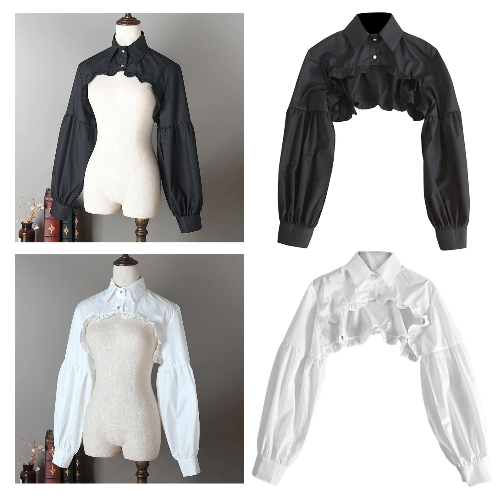 Womens Cotton RIffes Faux Collar, Elegant Peter Pan Flase Collar Detachable Half Shirt Blouse Long Sleeve Dickey Collar