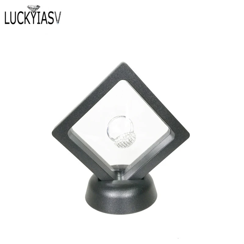 Schwarz Weiß Kunststoff Ausgesetzt Floating Display Fall Ohrring Münze Edelsteine Ring Schmuck Lagerung Pet Membran Stand Halter Box 7*7*2cm