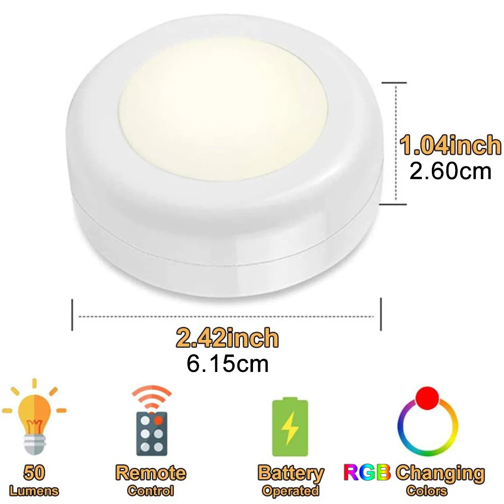 LED Cabinet Light Wireless RGBW Color Puck Lights Remote Control Dimmable Lamp For Cupboard Wardrobe Battery Bedroom Night Light
