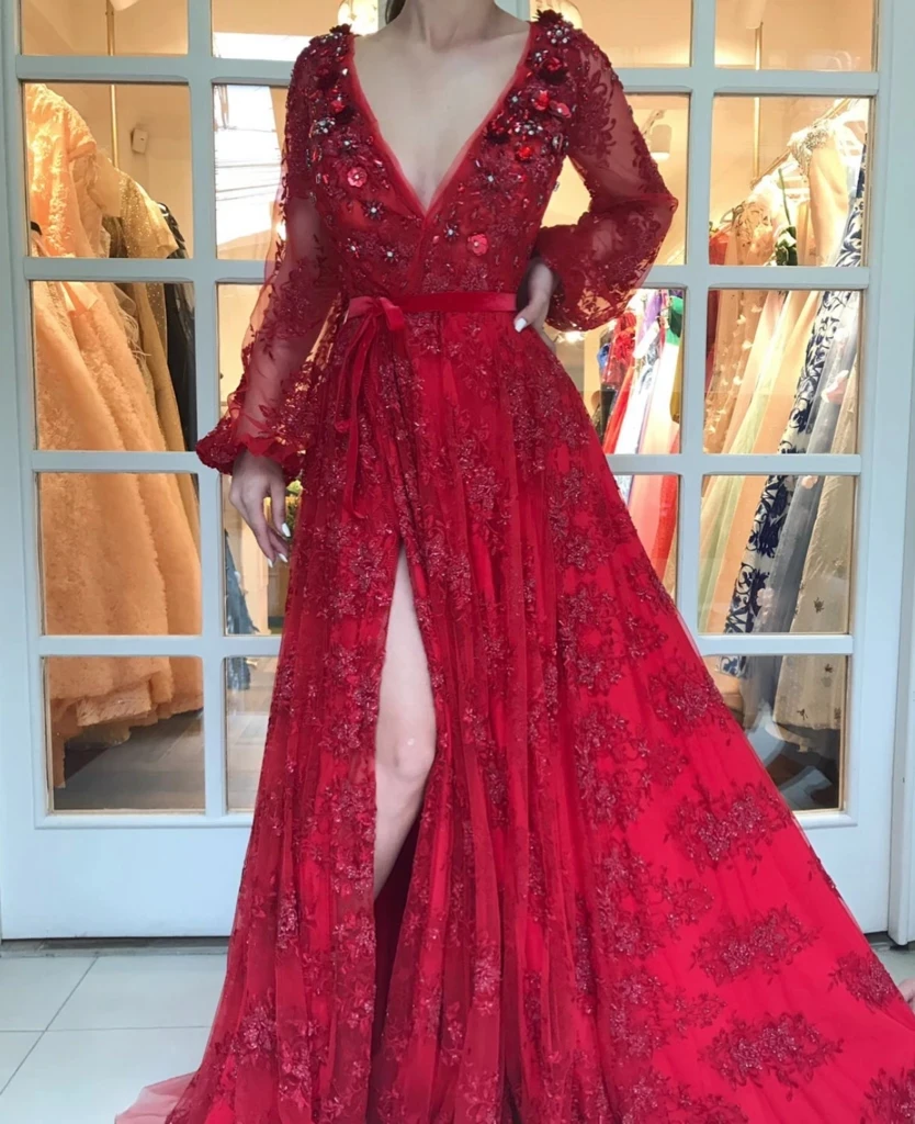 Burgundy Moroccan Evening Dresses A-line V-neck Long Sleeves Tulle Appliques Long Turkey Dubai Saudi Arabia Prom Dress Gown