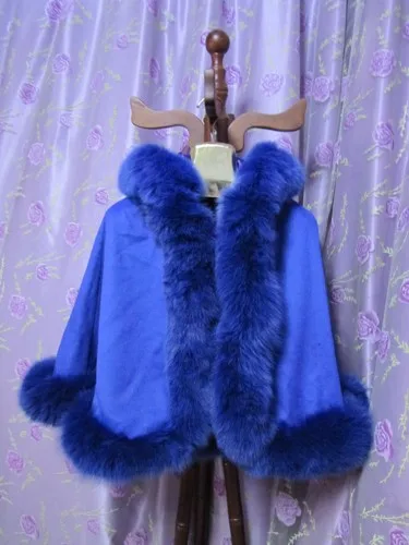 Custom Children Cashmere Cape With Straight Fox Fur Kids Fur Trim Cashmere Poncho