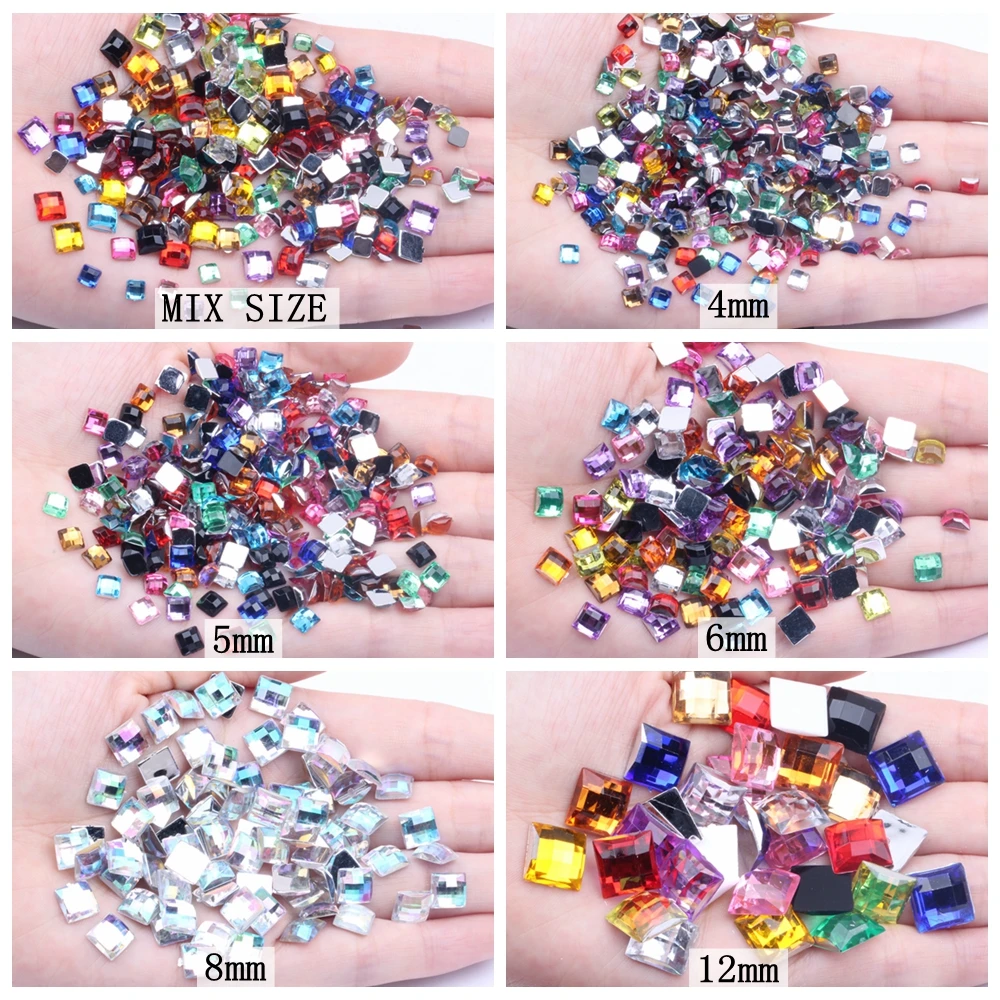 Acrilico Strass Forma Quadrata 8 millimetri Flatback Terra Sfaccettature Molti Colori Colla Su Beads Posteriore Piana FAI DA TE Chiodo Decorazione