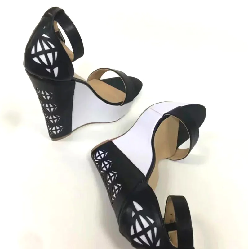 Women Platform Wedge Heels Rhombus Carve Out Sandals Open Toe White Black Leather Patchwork Sandalias Shoes Mujer Zapatos