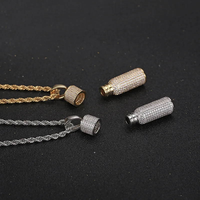 Hip Hop AAA CZ Stone Paved Bling Iced Out Can Open Perfume Bottle Pendants Necklaces for Women Men Unisex Rapper Jewelry