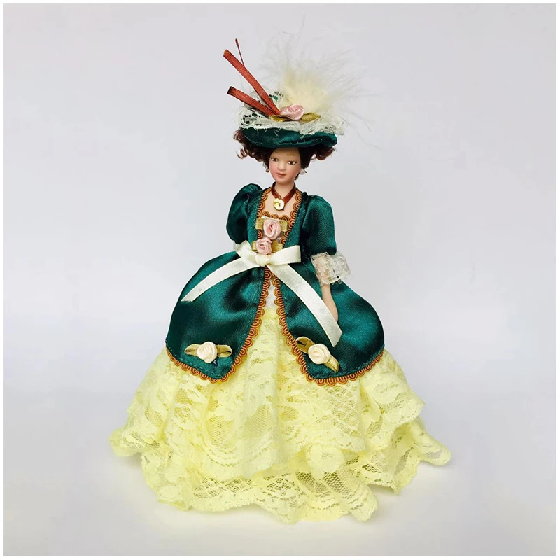 1/12 Dollhouse Miniature Porcelain Victorian Doll Model Green Dress Miss Lady PP007B