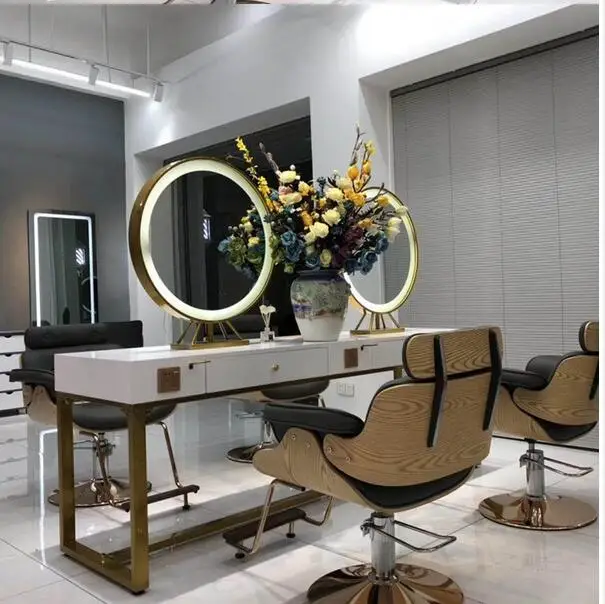 Barbershop mirror table with light double-sided hairdressing mirror table for hair salon special hair cutting mirror table