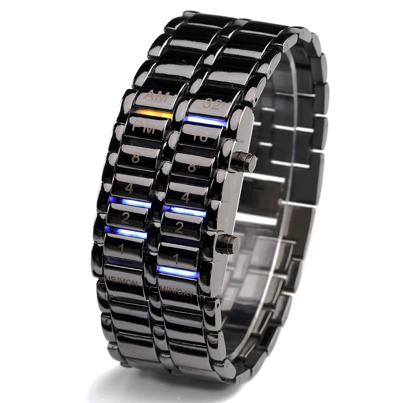 Upgraded Version Lava Iron Samurai Watch Men Bracelet Watches Men Binary Led Watches Black Stainless Steel Multifunction Watches