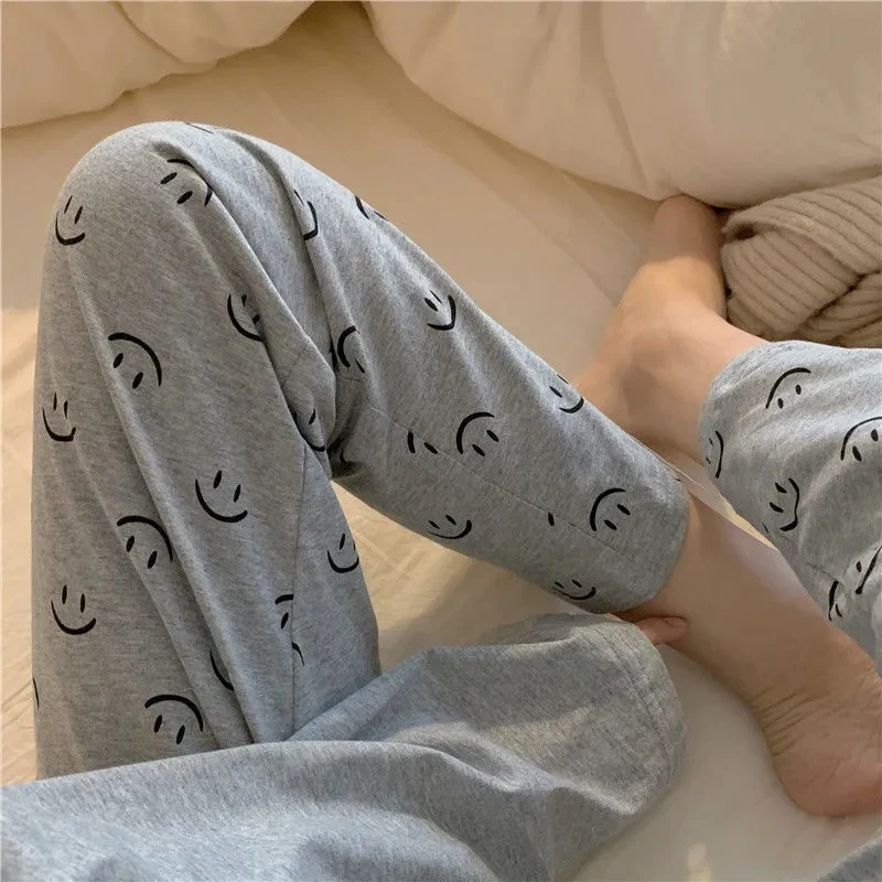 Women\'s Cotton Pajamas Smile Teenager Sweet Black Grey Home Clothes Warm Trouser Suits Nightgown Outfits Sleepwear Autumn Winter