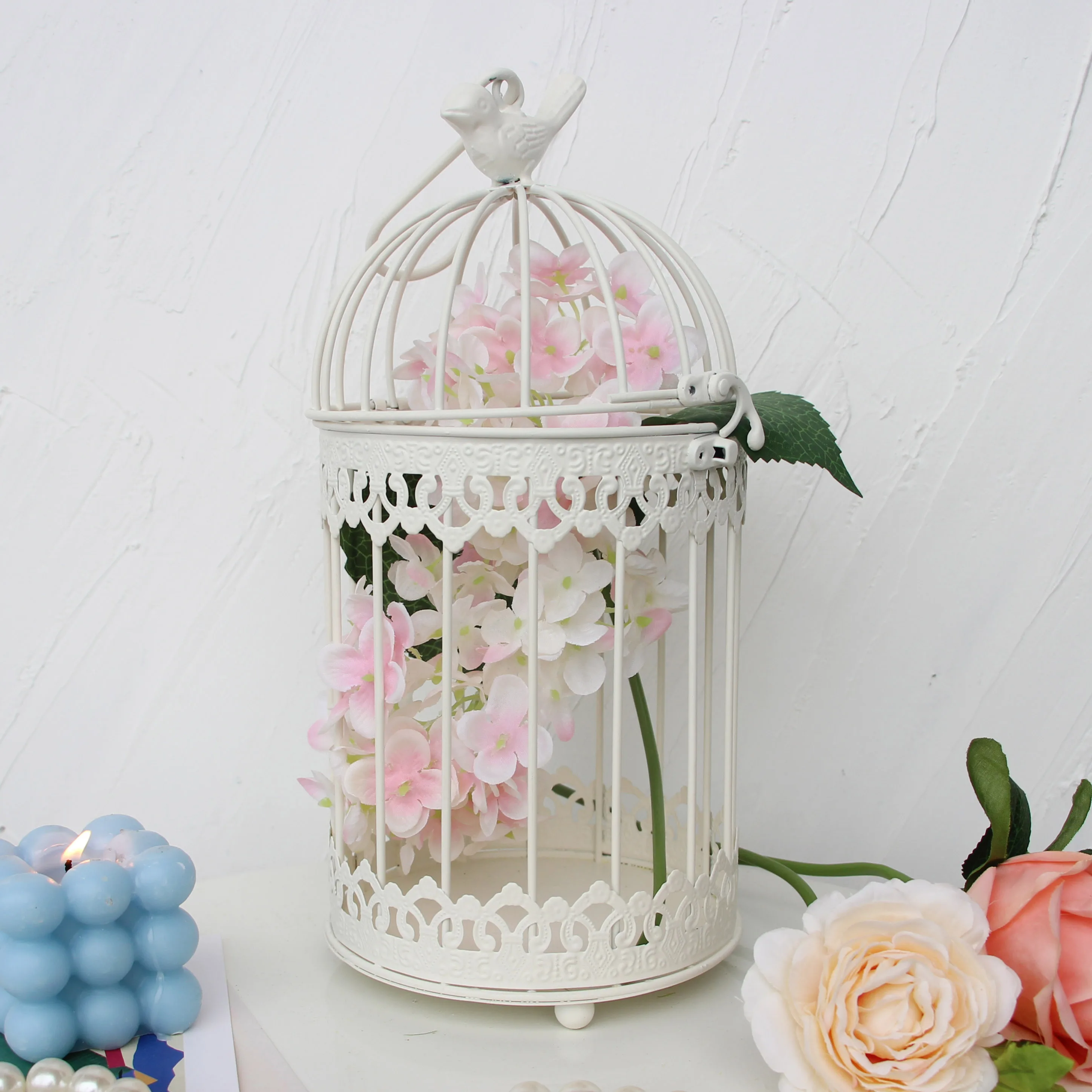 middle Outdoor iron garden wrought metal birdcage white bird cage with Bird hook decoration hanging flowerpot succulent plants