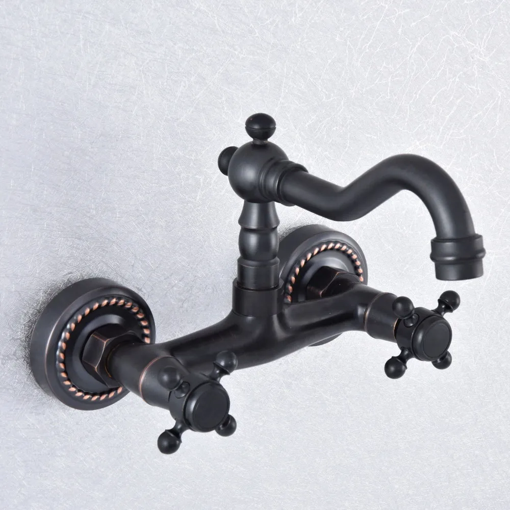 

Black Oil Rubbed Bronze Brass Wall Mounted Dual Cross Handles Kitchen Bathroom Vessel Sink Faucet Mixer Taps asf737