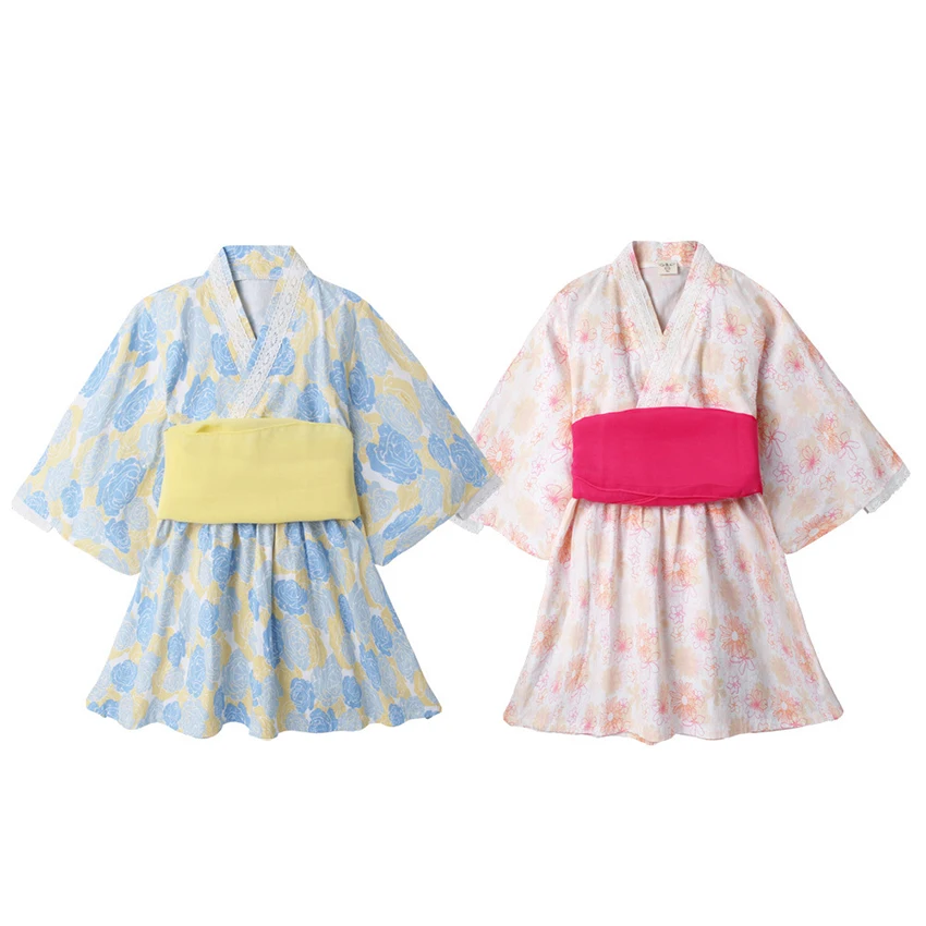 Baby Meisje Rompertjes Japanse Stijl Kawaii Meisjes Bloemenprint Kimono Jurk Voor Kids Kostuum Baby Yukata Aziatische Kleding