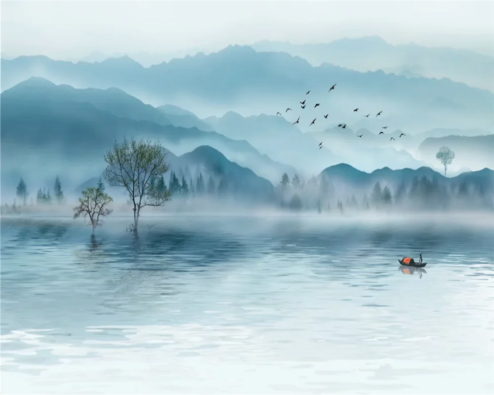 Custom size mural ink-wash landscape painting mist lake mountain background wallpaper home decoration Living room 3d wallpaper