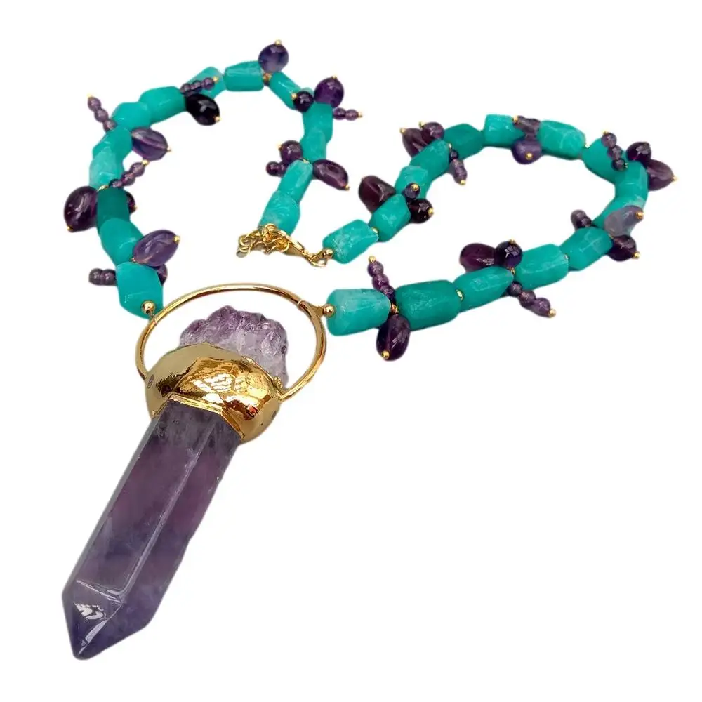 Y·YING  Natural Peruvian Amazonite Amethyst Necklace Purple Fluorite Point Amethyst Druzy Pendant 20