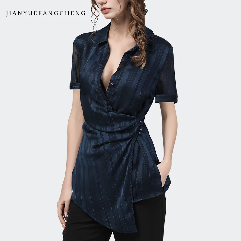 Women Short Sleeve Blue Striped Shirt Lightweight Chiffon Top Fashion Asymmetrical Button-down Casual Office Blouses