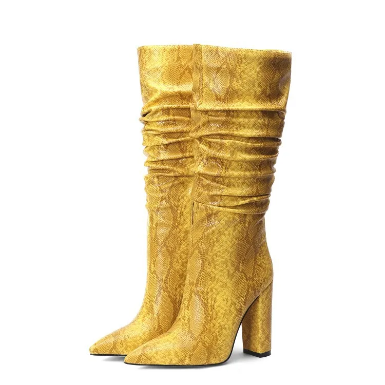 

Women Knee Boots Pleated Yellow Snake Printed Long Boots Ladies Autumn Winter Warm Vintage Knee Chunky High Botas Feminina