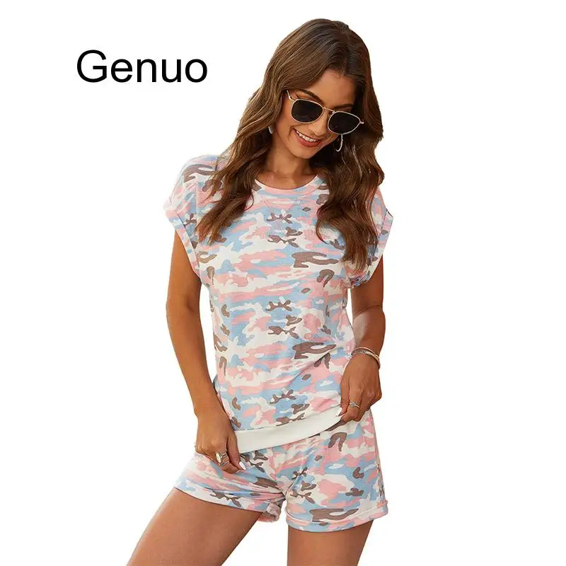 Women Summer Two Piece Set Top And Shorts Short Sleeve O Neck Pullovers Lady Camouflage Hot Suit Clothes