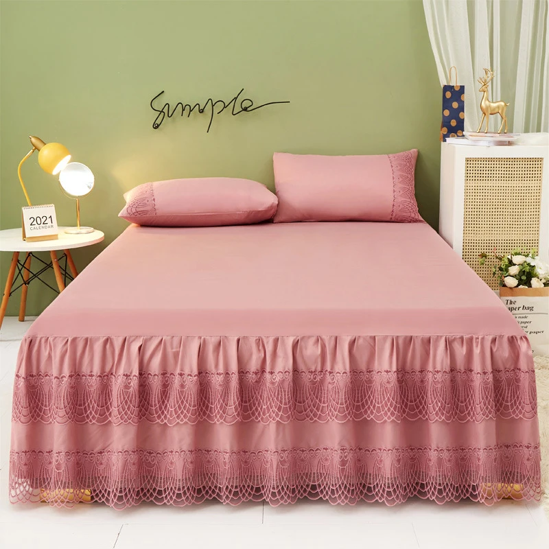 1pc Bed Skirt +2pcs Pillowcase King Queen Size Soft Sanding Fabric Bed Skirt Princess Romance Bedspread