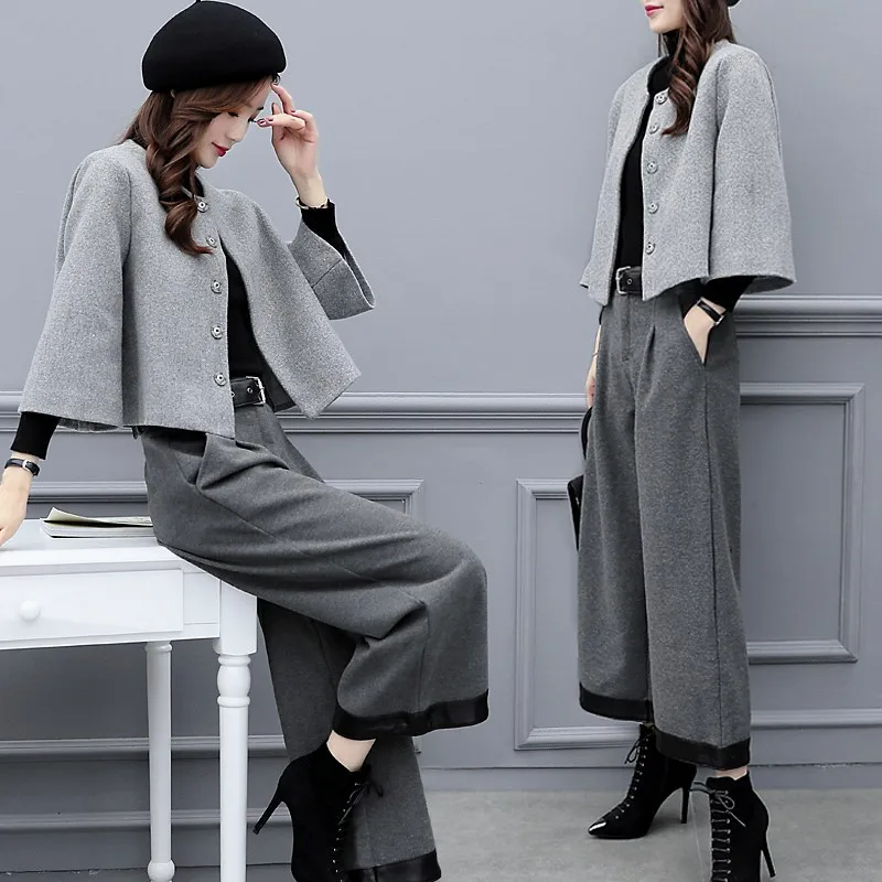 New women\'s autumn and winter large size two-piece Hidden Breasted Blended wool short coat wide-leg pants casual fashion suit