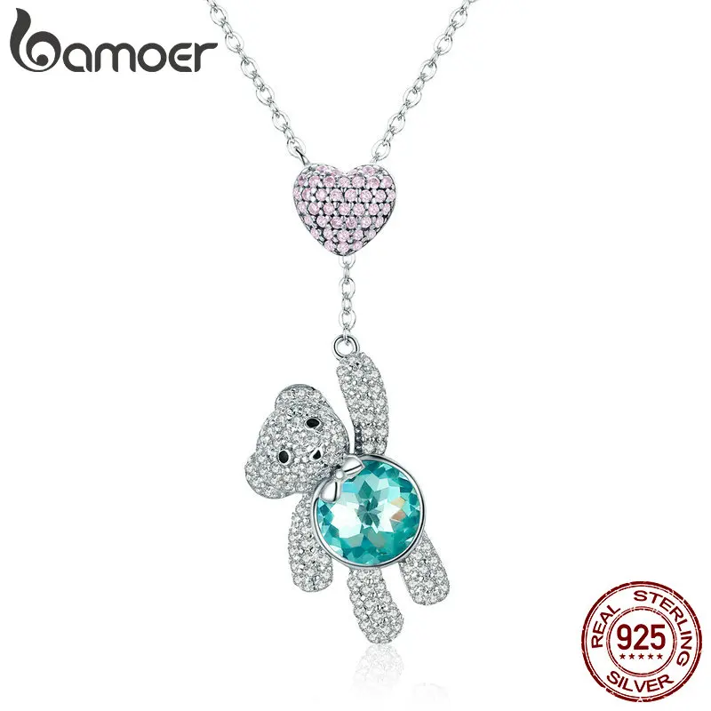 BAMOER 100% 925 Sterling Silver Pink CZ Heart And Cute Bear Animal Pendant Necklaces for Women Silver Jewelry Gift SCN271