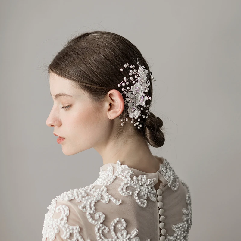 O381 Kant Bloemen Hollow Bladeren Bruids Strass Handgemaakte Haar Kam Bridal Kristal Bloemen Haar Kam Met Parel Voor Bruiloft