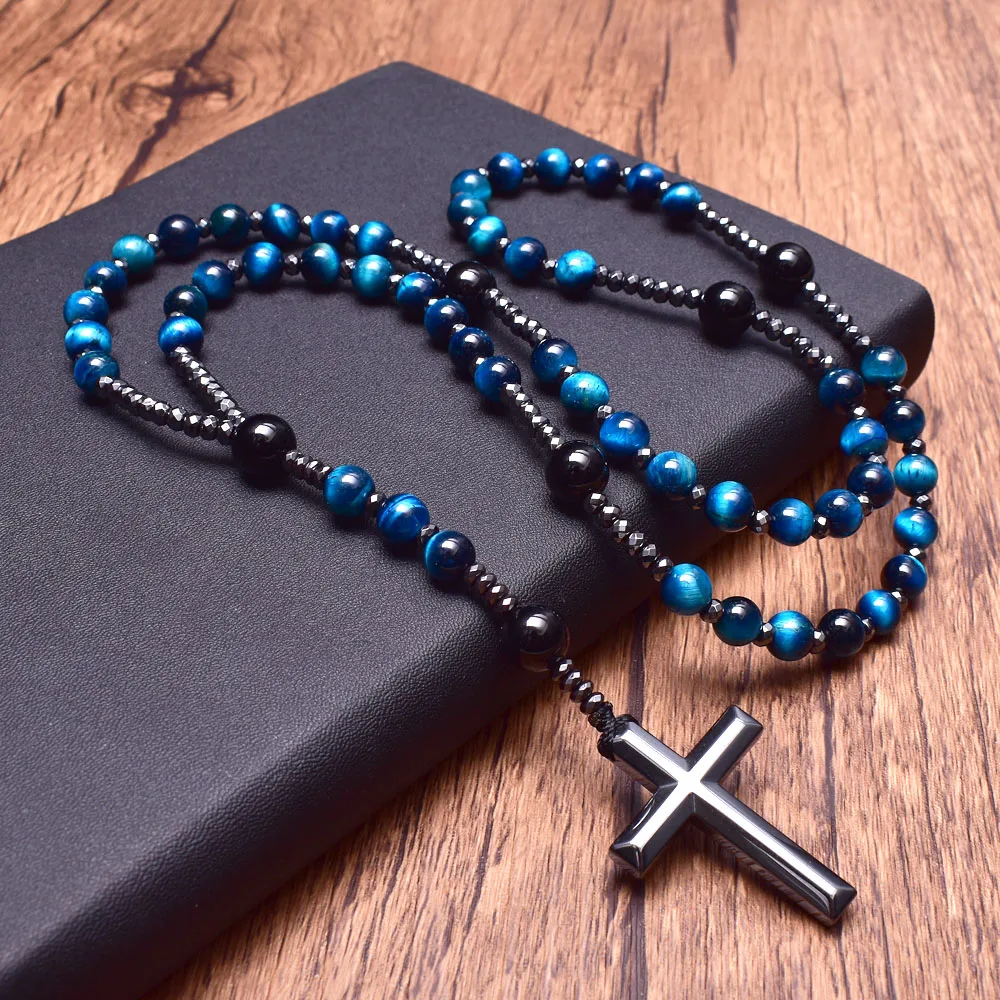 Light Blue Tiger Eye Onyx Catholi Christ Rosary Bead Long Necklaces for Men Hematite Cross Pendant Necklace Meditation Jewelry