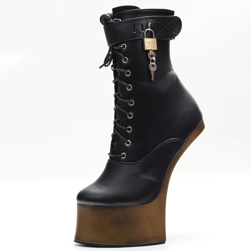 Novelty Horseshoe Ankle Boots 18CM High Hoof Heel Platform Lockable Strap Padlocks Women Sexy Fetish Cosplay Shoes