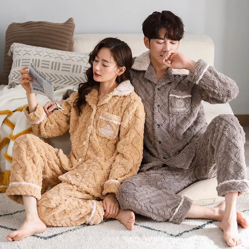 

Winter Thick Warm Couple Flannel Pajamas Set Long Sleeve Loose Soft M-3XL Lovers Coral Fleece Sleepwear Homewear